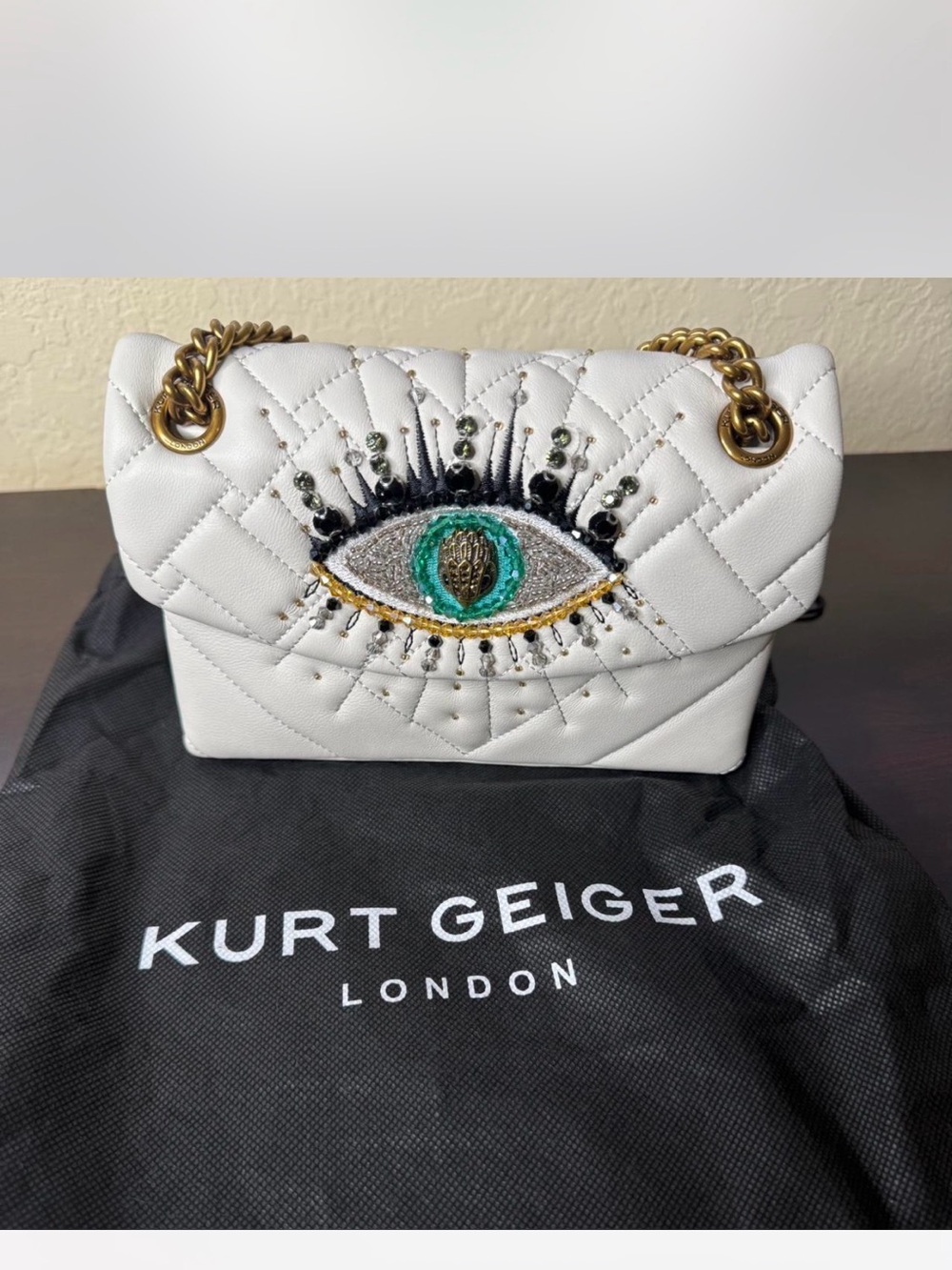 Kurt Geiger White Quilted Shoulder Bag with Embroidered Eye Detail